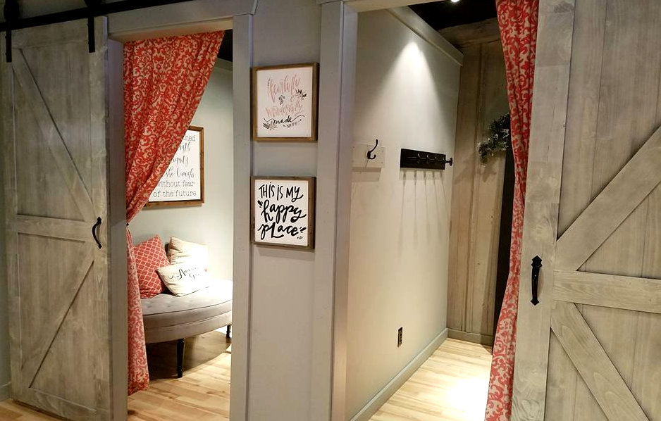 Clothing Boutique dressing room barn doors in the same Greystone color Clothing Boutique dressing room barn doors in the same Greystone color